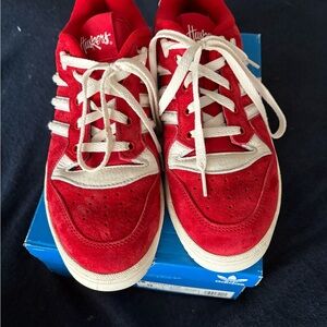 Adidas Red and White Low-Top Sneakers with Signature Stripes